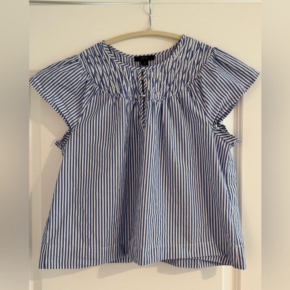 J. Crew Navy and White Pinstripe Short Sleeve Blouse